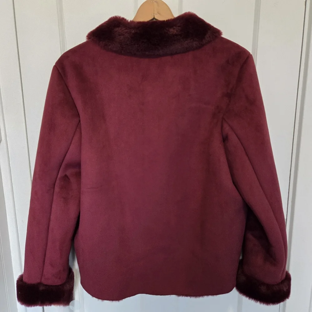 Coaco Women's Burgundy Penny Lane Coat Size S Faux Fur Trim Y2K Bratz Statement